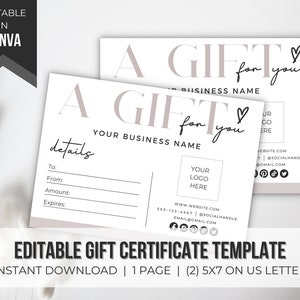 Gift Certificate Template Editable | Printable Gift Certificate | DIY Gift Certificate | Editable Gift Card | Small Business | Downloadable