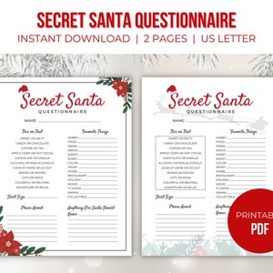 Cuestionario de Papá Noel secreto imprimible / Papá Noel secreto del trabajo / Cuestionario de lista de deseos / Navidad 2022 / Descarga instantánea