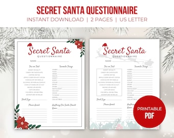 May include: Printable Secret Santa questionnaire with a red and green holiday theme. The questionnaire asks for personal preferences like sweet or salty, coffee or tea, and favorite hobbies. It also includes a section for shirt size and things to avoid.
