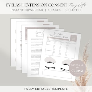 May include: A printable eyelash extension consent form template with a client information record. The template is fully editable in Canva and includes a space for the client's name, date, current eyelash type, application type, length, thickness, curl, and notes. The template also includes a space for the client's signature.
