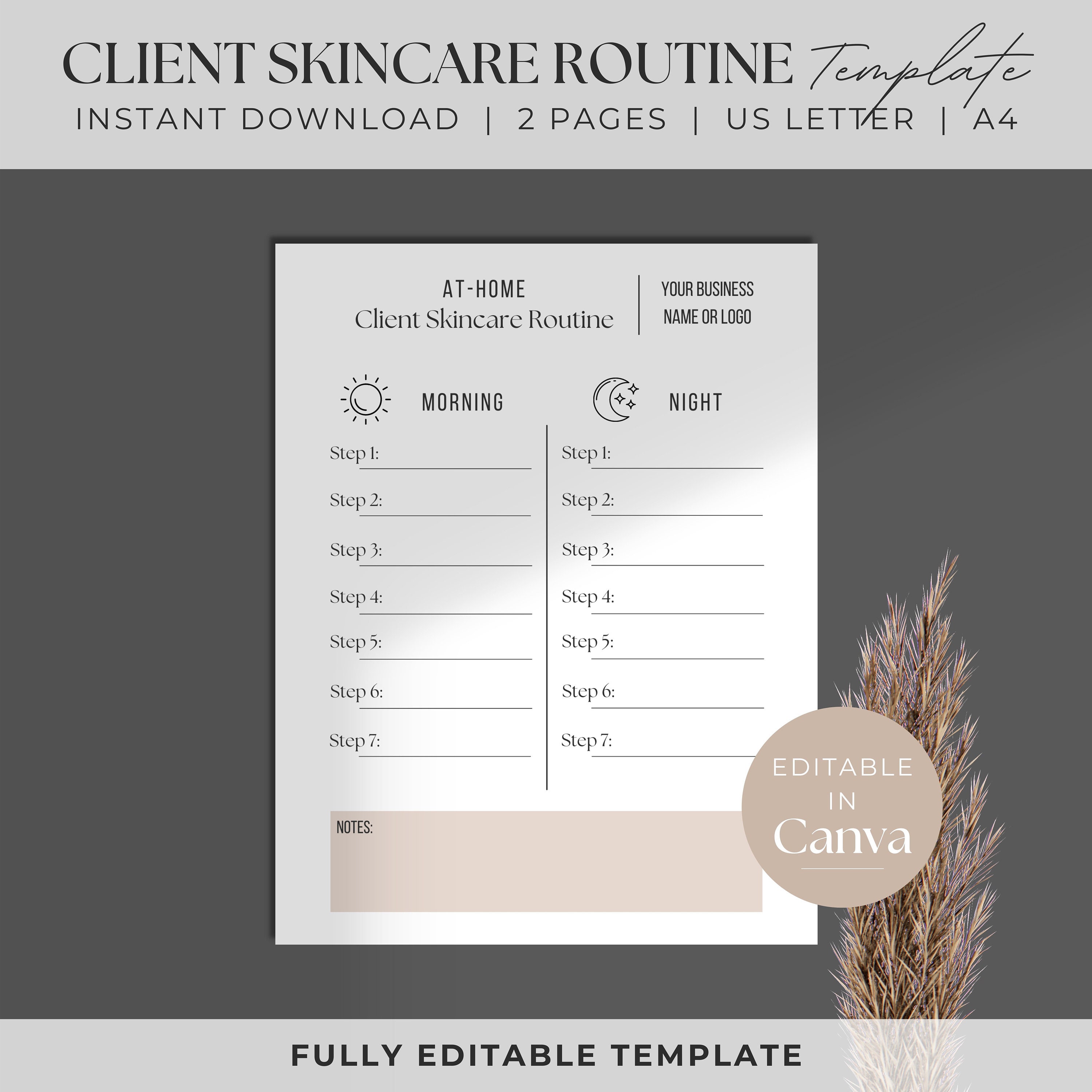 Esthetician Client Skincare Template | Editable Skincare Routine Guide | Esthetician Forms | Esthetician Business | Instant Download