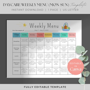 Pode incluir: Um modelo de menu semanal imprimível para creches. O modelo é projetado para uma semana que começa no domingo e termina no sábado. Cada dia tem uma lista de opções de café da manhã, lanche da manhã, almoço, lanche da tarde e jantar. O modelo é totalmente editável e pode ser personalizado para atender às necessidades de qualquer creche.