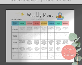 May include: A printable weekly menu template for daycare centers. The template is designed for a week starting on Sunday and ending on Saturday. Each day has a list of breakfast, morning snack, lunch, afternoon snack, and dinner options. The template is fully editable and can be customized to fit the needs of any daycare center.