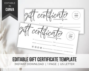 May include: Editable gift certificate template in black and white with the text "gift certificate" in cursive. The template includes fields for "To", "From", "Amount", and "Expires". It also includes space for a logo and social media handles.