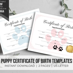 Puppy Birth Certificate Template | Editable Dog Certificate | Editable Certificate Template | Puppy Printable | Instant Download