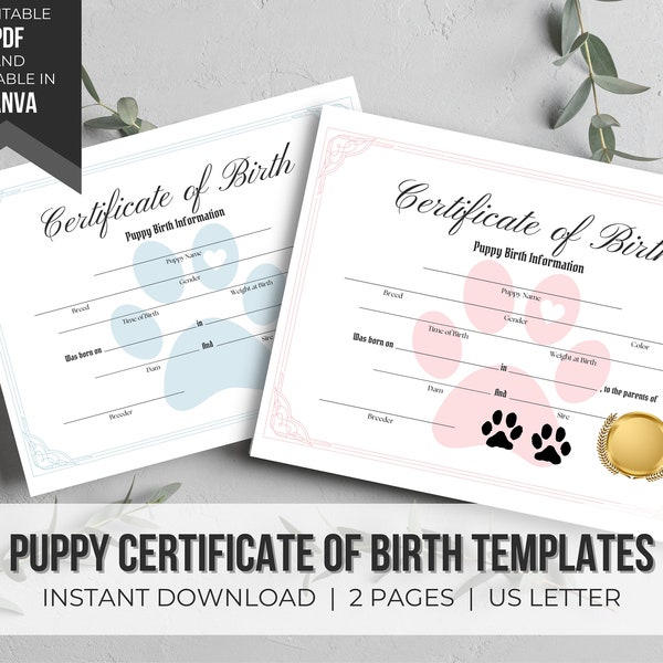 Sjabloon voor geboorteakte puppy | Bewerkbaar hondencertificaat | Bewerkbare certificaatsjabloon | Pup afdrukbaar | Directe download