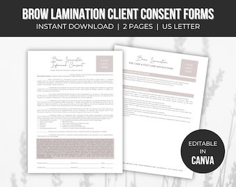 Bewerkbare toestemmingsformulieren voor het lamineren van wenkbrauwen | Wenkbrauwen lamineren | Schoonheidsspecialiste sjabloon | Schoonheidsspecialiste Zakelijk | Directe download