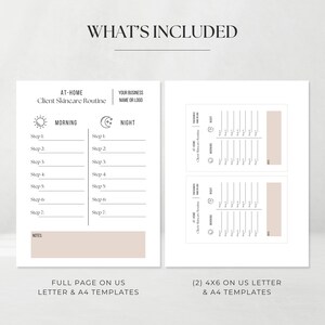 May include: Printable skincare routine template with a sun and moon icon for morning and night routines. The template includes space for seven steps and notes. The text "AT-HOME Client Skincare Routine" and "YOUR BUSINESS NAME OR LOGO" is at the top of the page. The text "FULL PAGE ON US LETTER & A4 TEMPLATES" is at the bottom of the page. The text "(2) 4X6 ON US LETTER & A4 TEMPLATES" is at the bottom of the page.