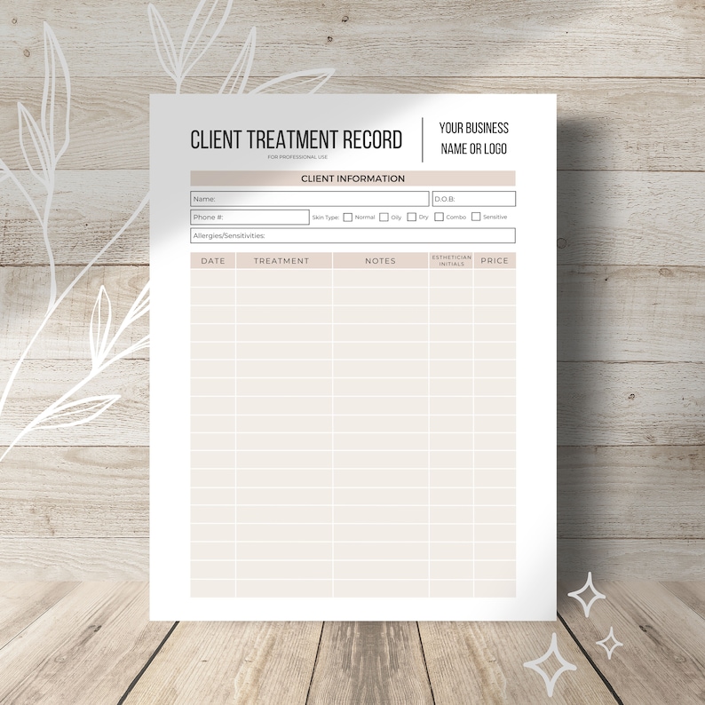 Esthetician Client Treatment Record | Editable Treatment Log ...