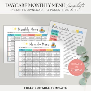 Home Daycare Monthly Menu Template | Home School Meal Planner | Daycare Daily Schedule | Customizable Menu | Lunch Menu | Daycare Forms |