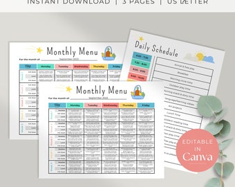May include: A printable daycare monthly menu template with a colorful design. The template includes a daily schedule, a monthly menu, and a section for notes. The template is fully editable in Canva.