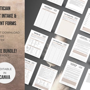 Op de afbeelding: Een set printbare formulieren voor schoonheidsspecialisten, waaronder een intakeformulier voor klanten, toestemmingsformulieren en behandelingsregistraties. De formulieren zijn ontworpen in een minimalistische stijl met een lichtbruine achtergrond en zwarte tekst. De tekst "INSTANT DOWNLOAD 10+ PAGES US LETTER BRONZE BUNDLE! INK FRIENDLY EDITABLE IN CANVA" is zichtbaar op de afbeelding.