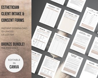 May include: A set of printable forms for estheticians, including a client intake form, consent forms, and treatment records. The forms are designed in a minimalist style with a light brown background and black text. The text "INSTANT DOWNLOAD 10+ PAGES US LETTER BRONZE BUNDLE! INK FRIENDLY EDITABLE IN CANVA" is visible on the image.