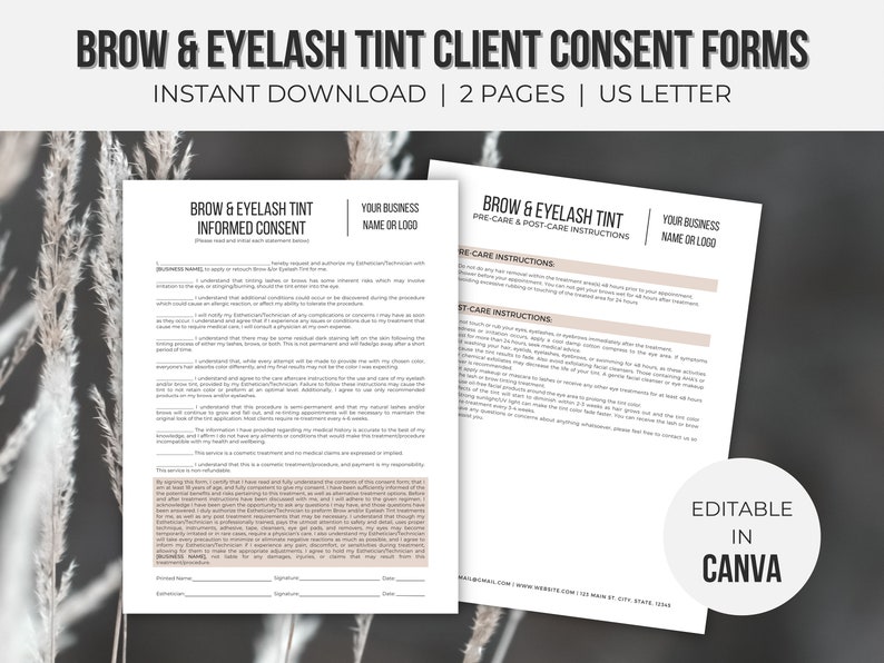 Lash and Brow Tint Consent Forms Editable | Brow and Eyelash Tint ...
