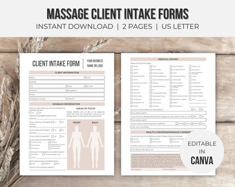Massage Client Intake and Consent Forms Editable | Massage Therapist Forms | Massage Form Template | Downloadable