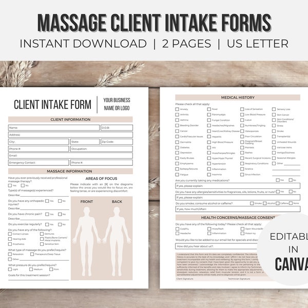 Massage Client Intake und Zustimmungsformulare bearbeitbar | Massage Therapeut Formen | Massage Form Vorlage | Herunterladbar