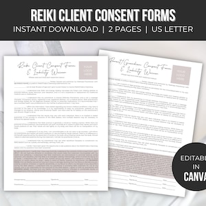 May include: Two printable Reiki client consent forms, one for clients and one for parents or guardians. The forms are editable in Canva and include space for the client's name, signature, and date. The forms are designed to be used for Reiki practitioners.