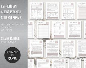 May include: A collection of printable forms for estheticians, including client intake and consent forms. The forms are designed in a minimalist style with a light pink background and black text. The text "INSTANT DOWNLOAD 35+ PAGES US LETTER SILVER BUNDLE! INK FRIENDLY EDITABLE IN CANVA" is displayed on the image.