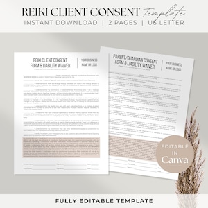 May include: Two printable consent forms for Reiki clients and their parents or guardians. The forms include sections for client information, liability waivers, and signatures. The forms are fully editable and can be customized in Canva.
