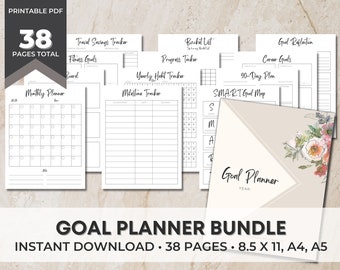 May include: A printable goal planner bundle with 38 pages. The bundle includes a monthly planner, travel savings tracker, fitness goals, bucket list, progress tracker, yearly habit tracker, milestone tracker, goal reflection, career goals, 90-day plan, and a SMART goal map. The cover features a floral design with a beige background.