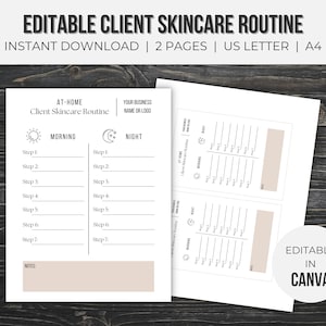Plantilla de cuidado de la piel del cliente editable / Guía de rutina de cuidado de la piel / Formularios de esteticista / Negocio de esteticista / Descarga instantánea