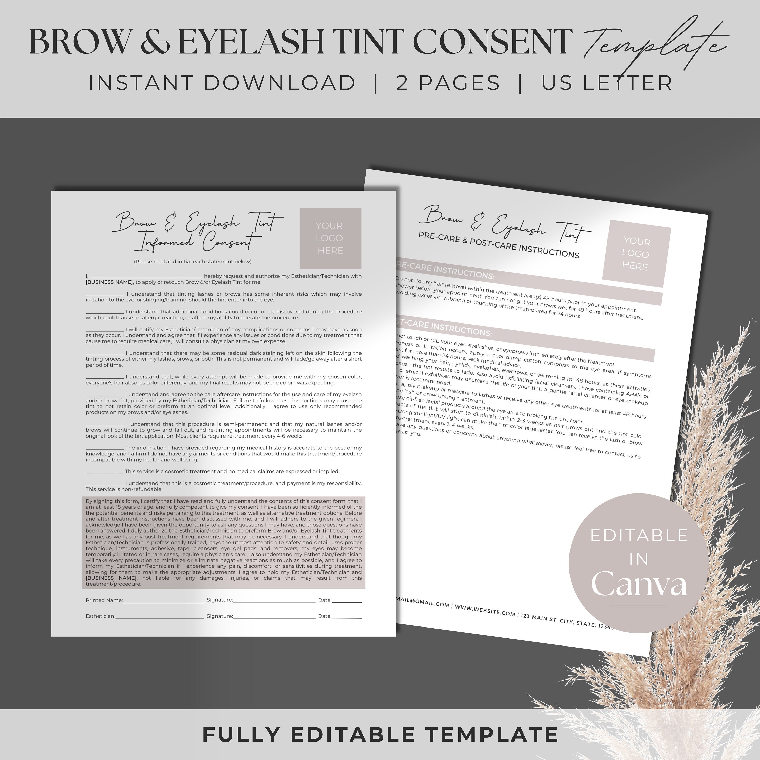 Editable Lash and Brow Tint Consent Forms | Brow and Eyelash Tint Consent | Esthetician Template | Esthetician Forms | Editable Template