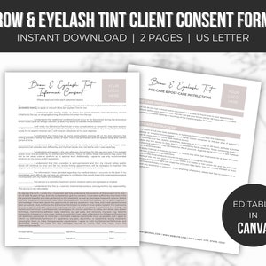 Puede incluir: Dos formularios de consentimiento del cliente imprimibles para los servicios de tinte de cejas y pestañas. Los formularios incluyen instrucciones de pre y post cuidado, un formulario de consentimiento informado del cliente y espacio para la firma y la fecha del cliente. Los formularios son editables en Canva.
