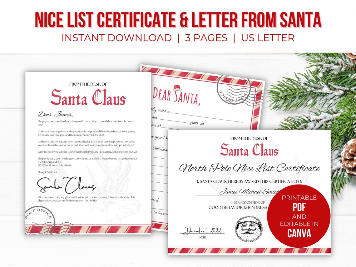 Editable Letter From Santa Nice List Certificate Template - Etsy
