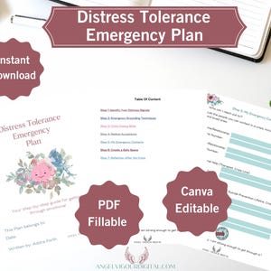 Puede incluir: Un plan de emergencia de tolerancia a la angustia imprimible con un diseño floral rosa y azul. El plan incluye una tabla de contenido y una sección para enumerar los contactos de emergencia. El texto "PDF Fillable" y "Canva Editable" se muestra en la página.