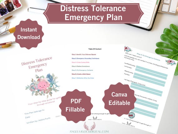 Distress Tolerance Emergency Plan Workbook  7-Step Crisis Management | Canva Editable Printable Self-Help Tool  Floral Watercolor Gift Idea