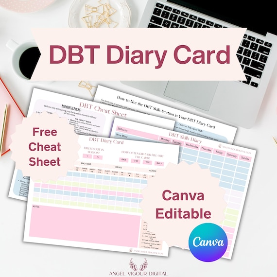 DBT Diary Card Printable Worksheet | Fillable PDF & Canva Editable DBT Skills Tracker for Emotional Regulation