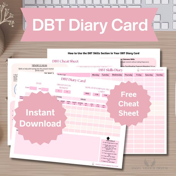 Light Pink DBT Diary Cards Template | Therapy Journal Instant Digital Download Print Gift Idea | DBT Skills Tracker Canva Editable