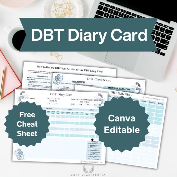 Blue Mermaid DBT Diary Cards Template Gift Idea | Dialectical Behavior Therapy Tracker Instant Download Print | Mental Health Canva Editable