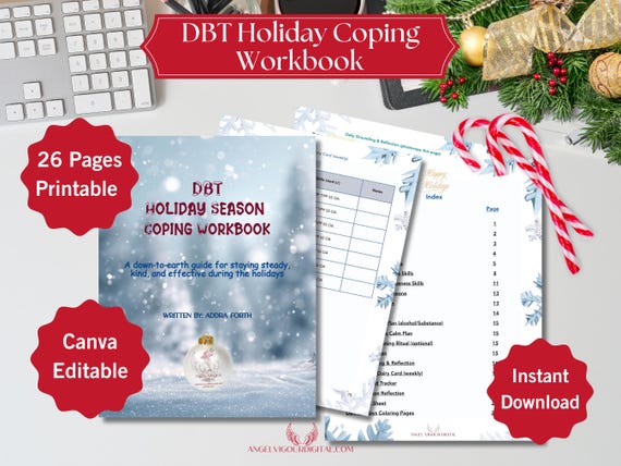 DBT Holiday Coping Workbook Printable & Canva Editable | Mindfulness, Distress Tolerance, Emotion Regulation | Coloring Pages + Cheat Sheet