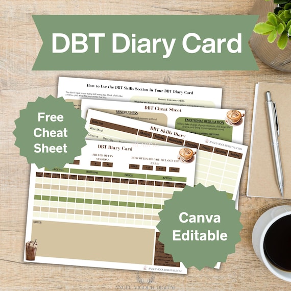 DBT Diary Cards Template | Canva Editable & Instant Download | Mental Health Tracker, Therapy Journal, DBT Skills Log, Mocha Mousse print