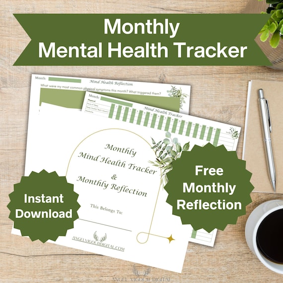 Mental Health Tracker Printable | Floral Green Mood and Symptom Tracker | 31-Day Self-Care Log | Canva Editable Digital Download gift idea