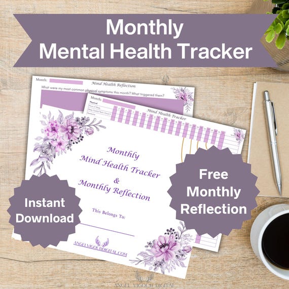 Emotional Health Tracker | Purple Mood and Physical Symptoms Log | Monthly Floral Self-Care & Mental Wellness Journal | Instant Download