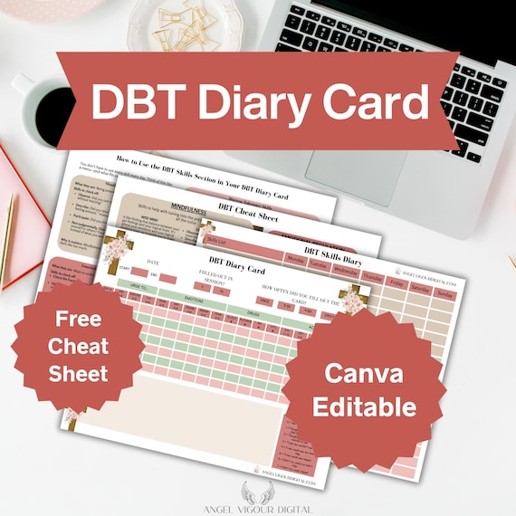Christian DBT Diary Cards Printable | Canva Editable Mental Health Tracker | Therapy Journal with Faith & Floral Cross Design