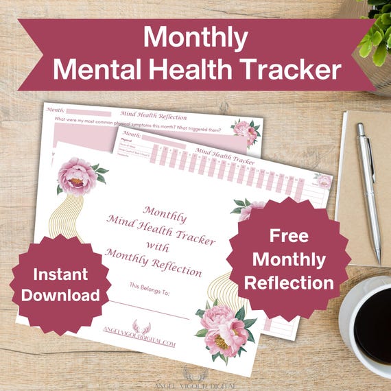 Monthly Mental Health Tracker with Monthly Reflection | Peony Pink Self-Care Journal | Instant Download Printable | Canva Editable