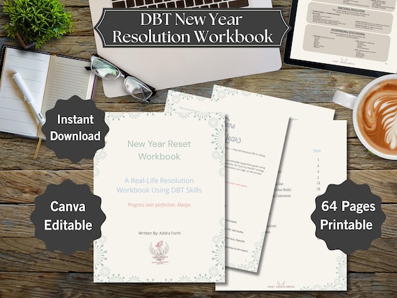 New Year Reset Workbook | DBT Skills Resolution Planner | Mental Health Goals | Printable & Canva Editable | Adult Coloring Pages