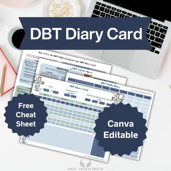 Faith-Inspired Blue Floral DBT Skills Diary Cards | Printable & Fillable PDF | Christian Mental Health Tracker | Canva Template