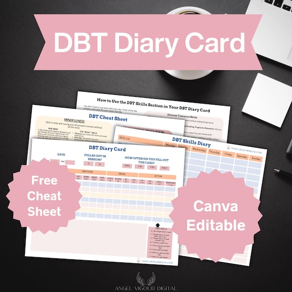Pink Minimal DBT Diary Cards Template | Mental Health Log Canva Editable | Dialectical Behavior Therapy Gift Idea Instant Download Printable