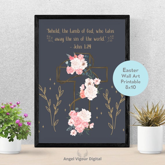 Religious gold Cross Floral wall art Bible verse John 129 wall art printable Dark