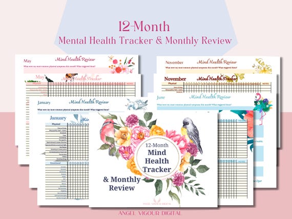 Floral 12-Month Mental Health Daily Mood Tracker with Monthly Review Reflection Instant Digital Download Print Gift Idea Self-Improvement