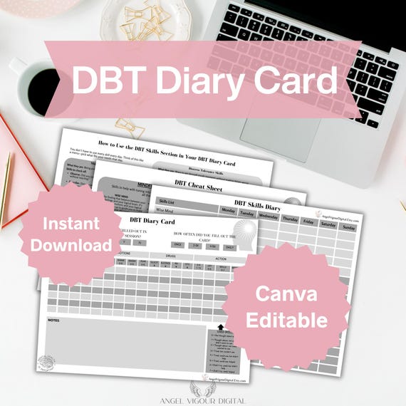 Minimal Grayscale DBT Diary Cards Template Gift Idea | Dialectical Behavior Therapy Tracker | Mental Health Journal | Canva Editable & Print