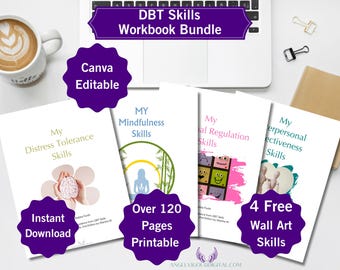 DBT Skills Workbook Bundle Distress Tolerance Mindfulness Emotional Regulation Interpersonal Effectiveness 128 pages Prints Canva Editable