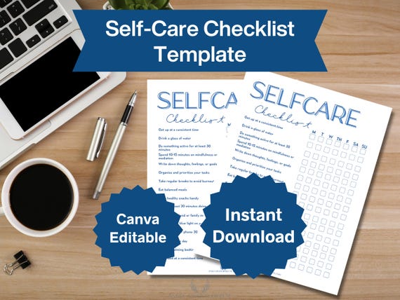 Blue Self-Care Checklist | Printable & Canva Editable | Customizable Self-Care Planner | Instant Download Gift Idea