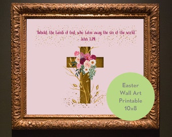 Religious floral gold cross with bible verse John 1:29 wall art printable