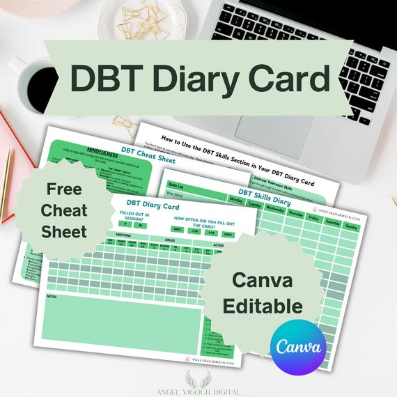 Minimal Green DBT Diary Cards Template Gift Idea | Mental Health Tracker Canva Editable | DBT Therapy Tool Instant Download Digital Print