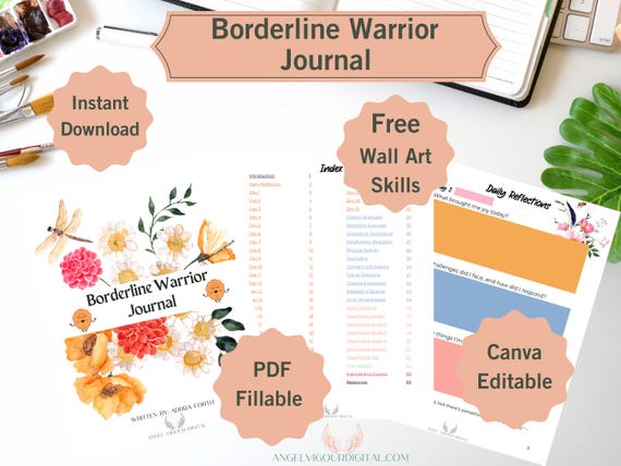 Borderline Warrior Journal | Printable & Canva Editable | 72 Pages of Healing Growth | Orange Floral Gift Idea
